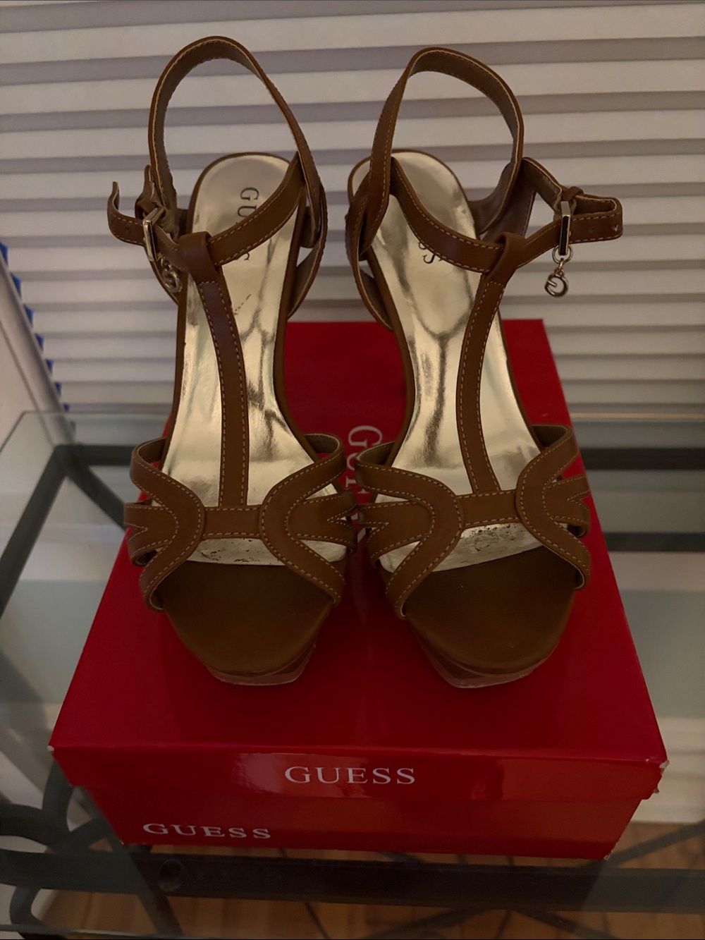 GUESS Tan T-Strap Platform Heels